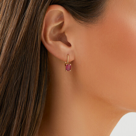 Emerald Cut Drop Earrings with Laboratory Created Ruby in 10kt Yellow Gold Emerald Cut Drop Earrings with Laboratory Created Ruby in 10kt Yellow Gold