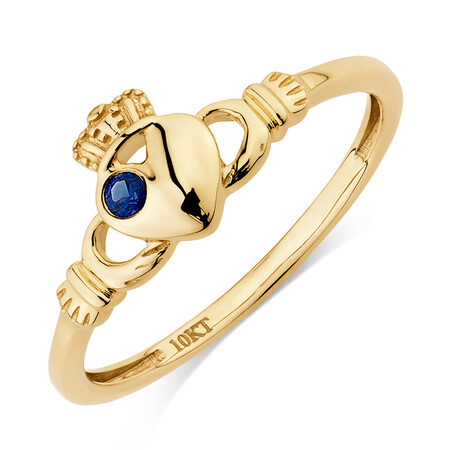 Claddagh Ring with Created Sapphire in 10kt Yellow Gold Claddagh Ring with Created Sapphire in 10kt Yellow Gold