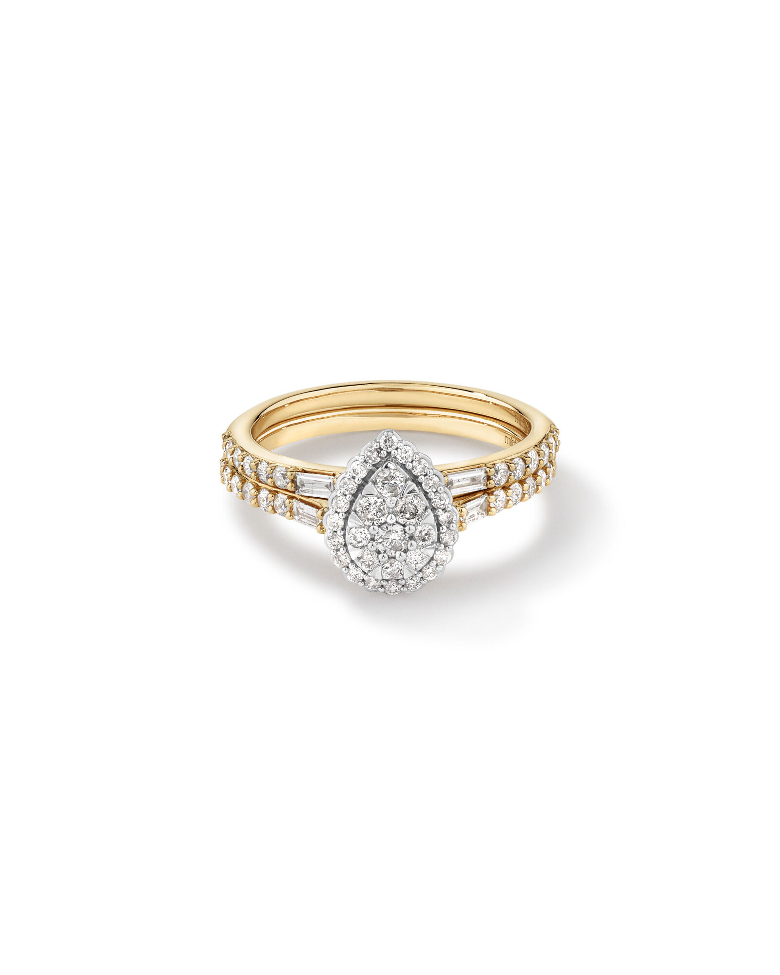 0.75 Carat TW Pear Shaped Cluster Engagement Ring and Wedding Ring Bridal Set in 14kt Yellow White Gold