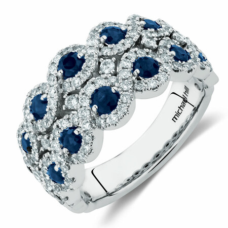 2 Row Ring with Sapphire & 0.80 Carat TW of Diamonds in 14kt White Gold
