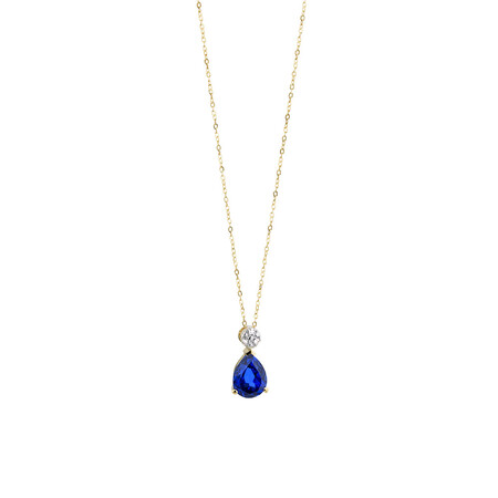Pendant with Created Blue Sapphire & Diamonds in 10kt Yellow & Rose Gold Pendant with Created Blue Sapphire & Diamonds in 10kt Yellow & Rose Gold