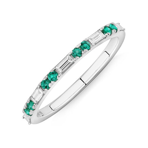 Emerald & Diamond Dot Dash Ring with 0.16 Carat TW in 10kt White Gold