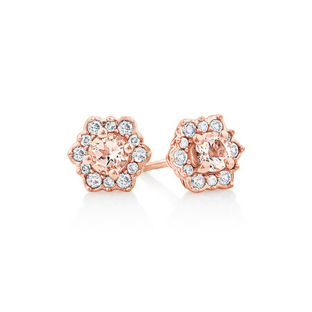 Halo Stud Earrings with Morganite & 0.25 Carat TW of Diamonds in 10kt Rose Gold.