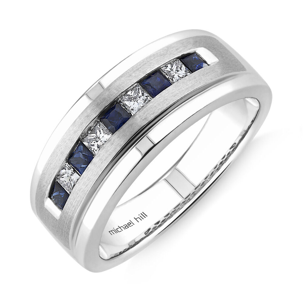 White gold and sapphire mens wedding band on sale
