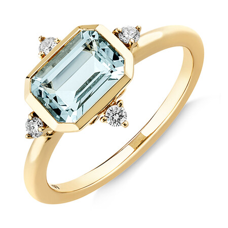 Aquamarine Bezel Ring with Diamonds in 10kt Yellow Gold