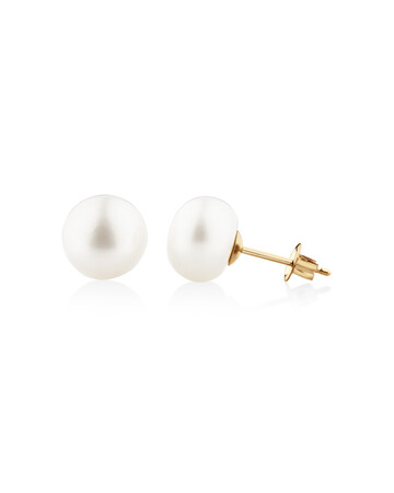 Stud Earrings with 9mm Button Cultured Freshwater Pearl in 10kt Yellow Gold Stud Earrings with 9mm Button Cultured Freshwater Pearl in 10kt Yellow Gold