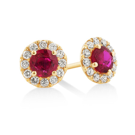 Halo Stud Earrings with Natural Ruby & 0.28 Carat TW of Diamonds in 10kt Yellow Gold
