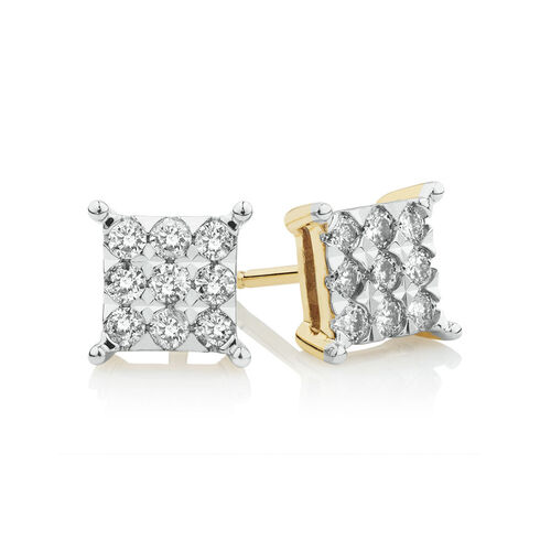Square Stud Earrings with 1/2 Carat TW of Diamonds in 10kt Yellow Gold