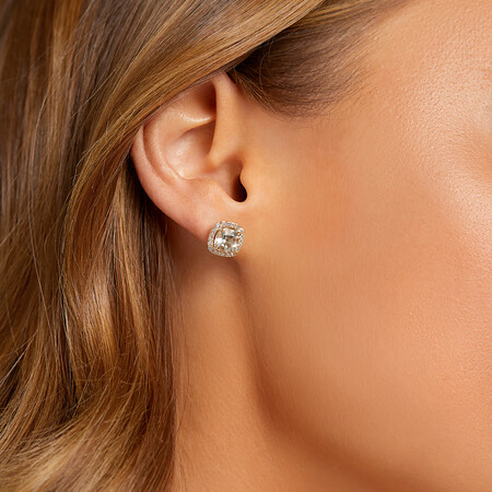 Halo Stud Earrings with Green Amethyst & 0.32 Carat TW of Diamonds in 10kt Yellow Gold Halo Stud Earrings with Green Amethyst & 0.32 Carat TW of Diamonds in 10kt Yellow Gold