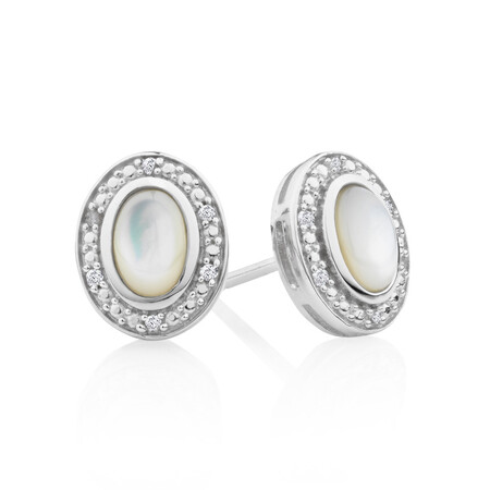 Halo Earrings with Mother of Pearl & Diamonds in Sterling Silver Halo Earrings with Mother of Pearl & Diamonds in Sterling Silver