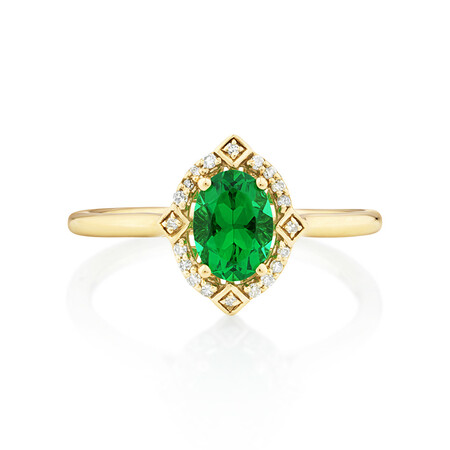 Halo Ring with Laboratory Created Emerald & Natural Diamonds in 10kt Yellow Gold Halo Ring with Laboratory Created Emerald & Natural Diamonds in 10kt Yellow Gold