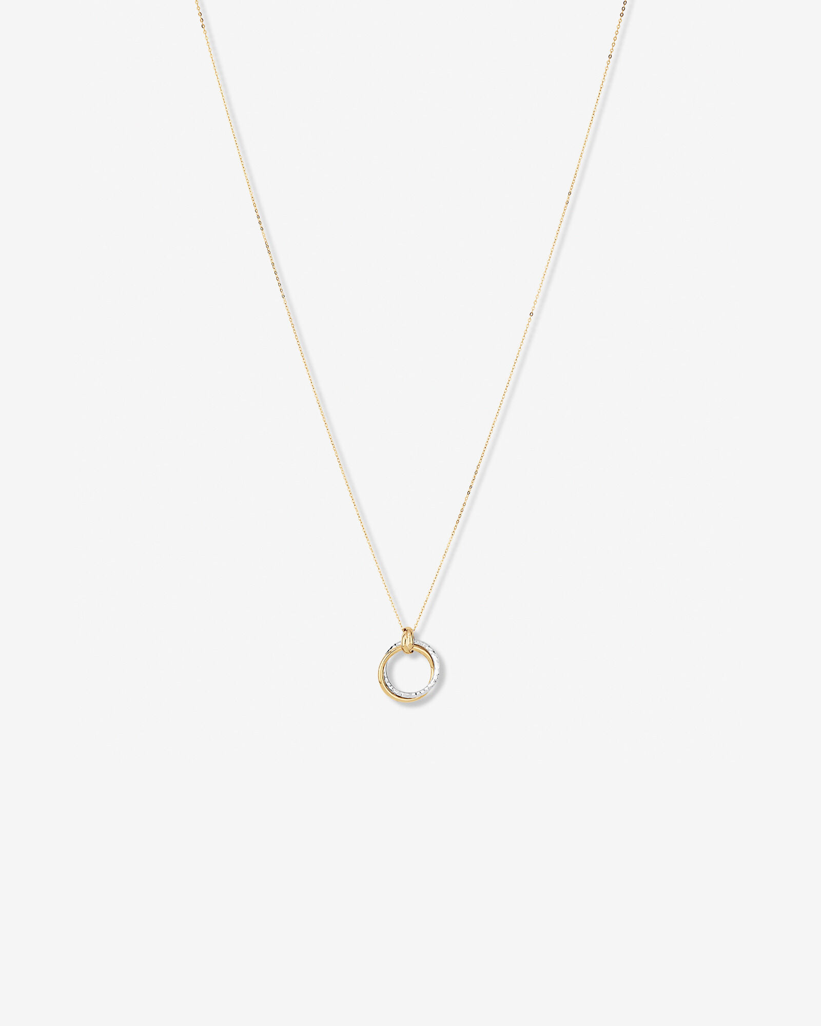 Two-Tone Double Circle Pendant Hammered Finish Necklace in 10kt White and Yellow Gold