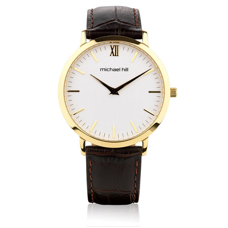 Men's Gold Tone Stainless Steel Watch with Brown Leather Men's Gold Tone Stainless Steel Watch with Brown Leather