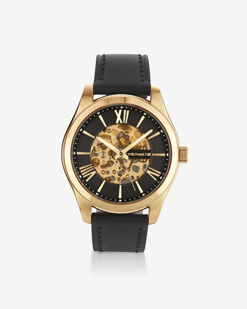 Michael Hill Automatic Skeleton Watch In Gold Tone Stainless Steel And Leather Michael Hill Automatic Skeleton Watch In Gold Tone Stainless Steel And Leather