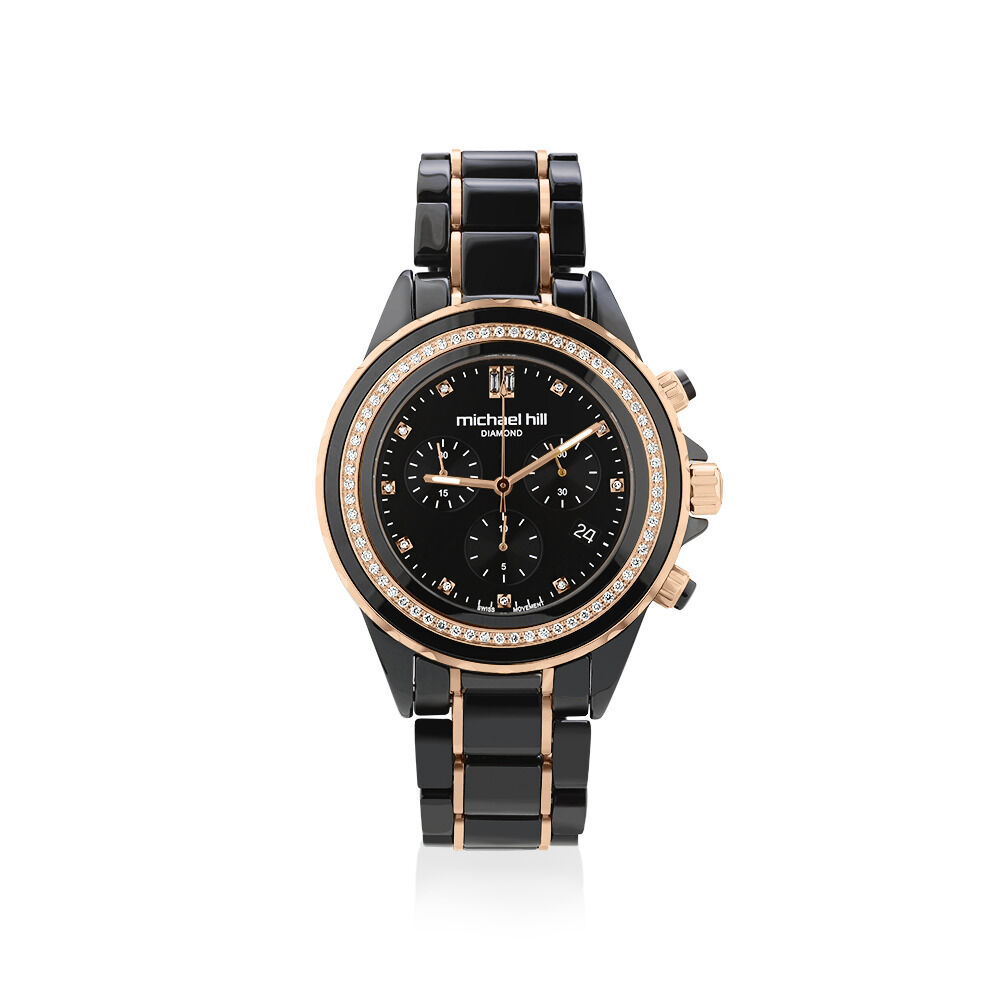 Chronograph Watch with 0.50 Carat TW of Diamonds in Black Ceramic Gold Tone Stainless Steel