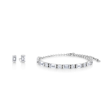 Earring & Bracelet Set Featuring Round And Emerald Cubic Zirconia Earring & Bracelet Set Featuring Round And Emerald Cubic Zirconia