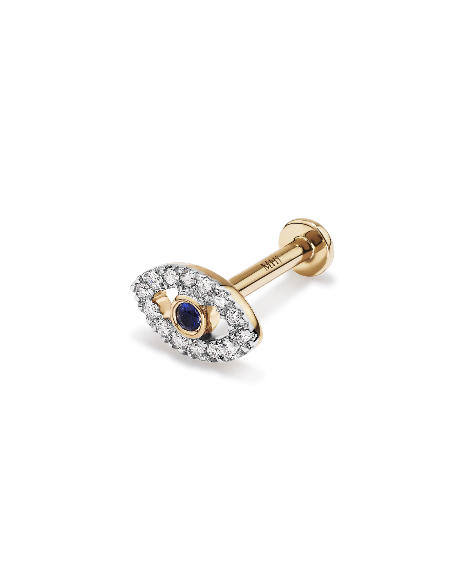 Diamond Sapphire Evil Eye Flat Back Helix Stud Earring in 10kt Yellow Gold
