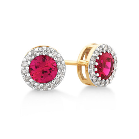 Halo Earrings with Created Ruby and 0.18 Carat TW of Diamonds in 10kt Yellow gold Halo Earrings with Created Ruby and 0.18 Carat TW of Diamonds in 10kt Yellow gold
