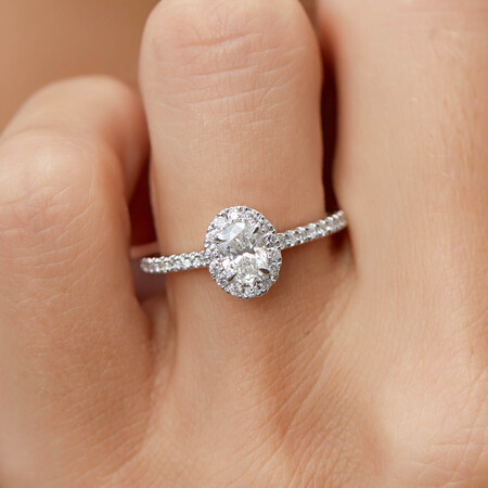 Halo Oval Engagement Ring with 0.92 Carat TW of Diamonds in 14kt White Gold Halo Oval Engagement Ring with 0.92 Carat TW of Diamonds in 14kt White Gold