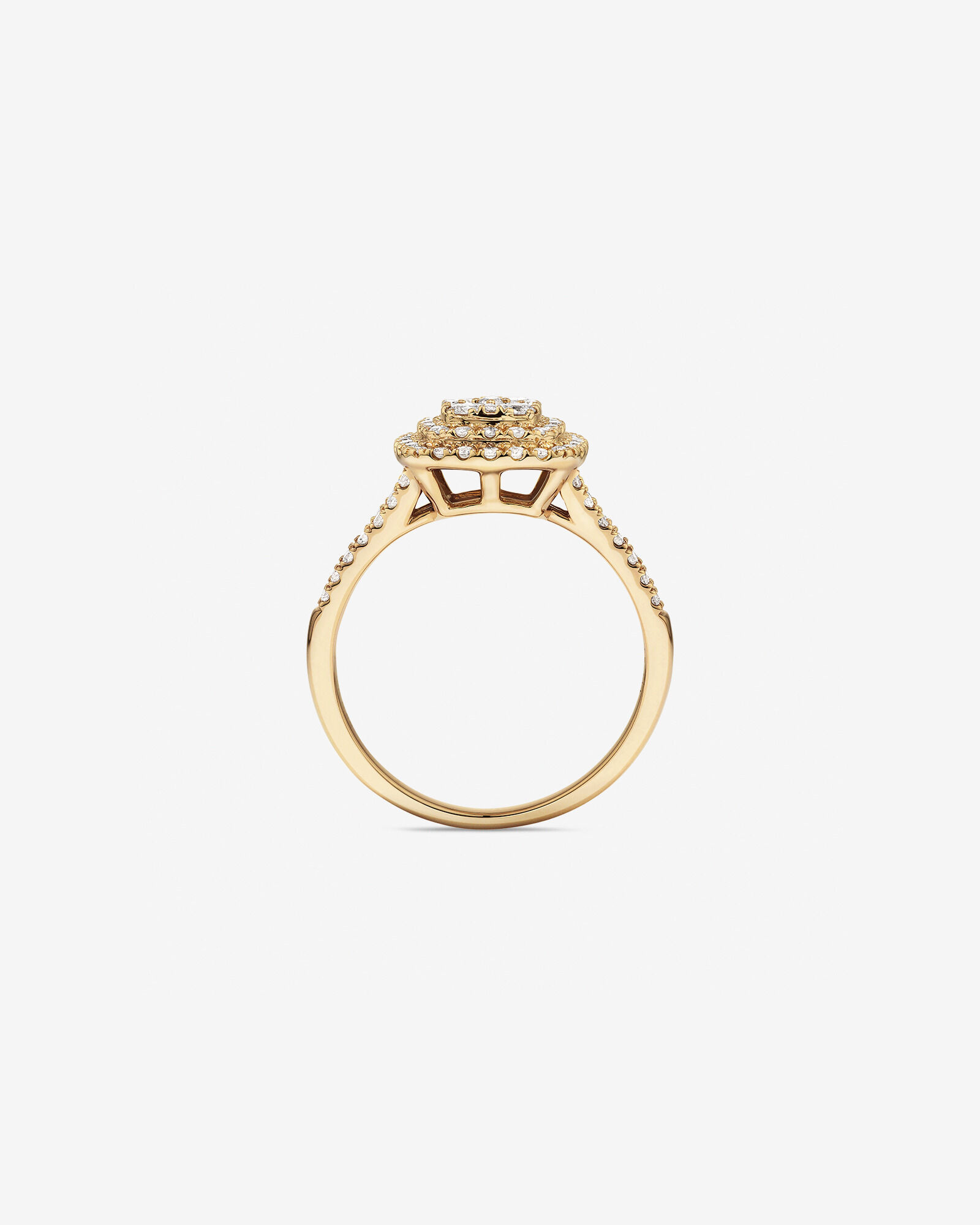 Bague Halo en Cluster Coussin avec un Poids Total de 0,65 Carat de Diamants en Or Jaune 10 Carats