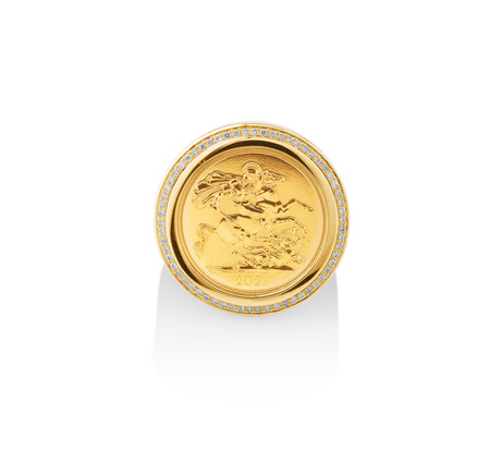 Sovereign Coin Ring with 0.30 Carat TW of Diamonds in 10kt & 22kt Yellow Gold Sovereign Coin Ring with 0.30 Carat TW of Diamonds in 10kt & 22kt Yellow Gold