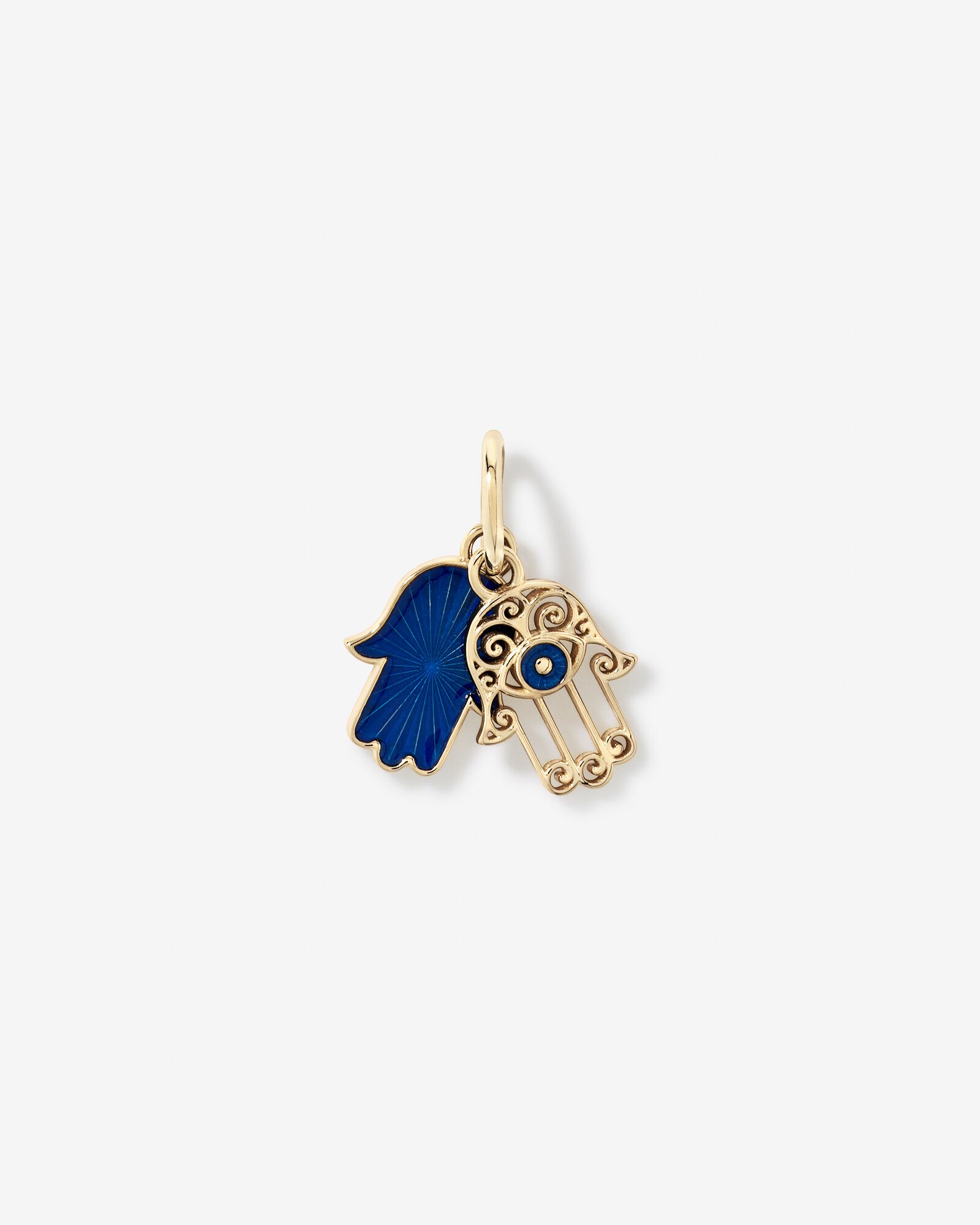 Hamsa Pendant with Blue Enamel Evil Eye in 10kt Yellow Gold