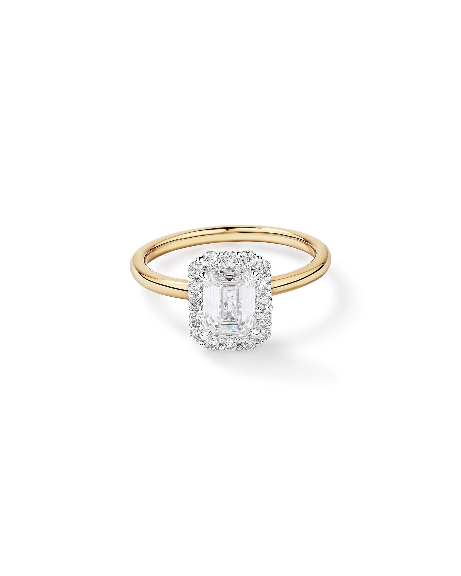 1.46 Carat TW Emerald Cut Laboratory Grown Diamond Halo Engagement Ring in 14kt Yellow and White Gold