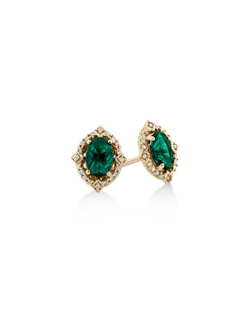 Halo Earrings with Laboratory Created Emerald & Natural Diamonds in 10kt Yellow Gold Halo Earrings with Laboratory Created Emerald & Natural Diamonds in 10kt Yellow Gold