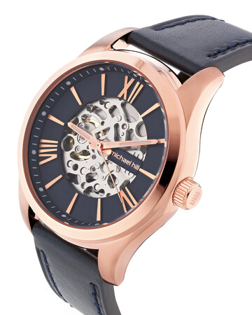 Michael Hill Automatic Skeleton Watch In Rose Tone Stainless Steel And Leather Michael Hill Automatic Skeleton Watch In Rose Tone Stainless Steel And Leather