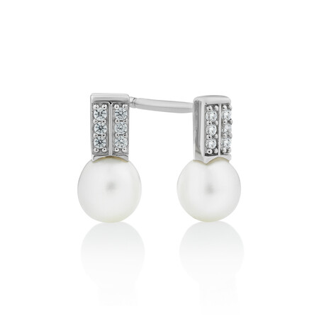 Cultured Freshwater Pearl & Cubic Zirconia Stud Earrings in Sterling Silver Cultured Freshwater Pearl & Cubic Zirconia Stud Earrings in Sterling Silver