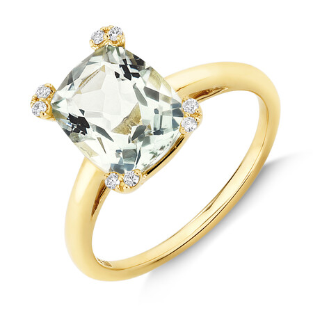 Ring with Green Amethyst & Diamonds In 10kt Yellow Gold
