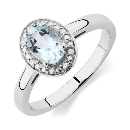 Halo Ring with Aquamarine & Diamonds in Sterling Silver