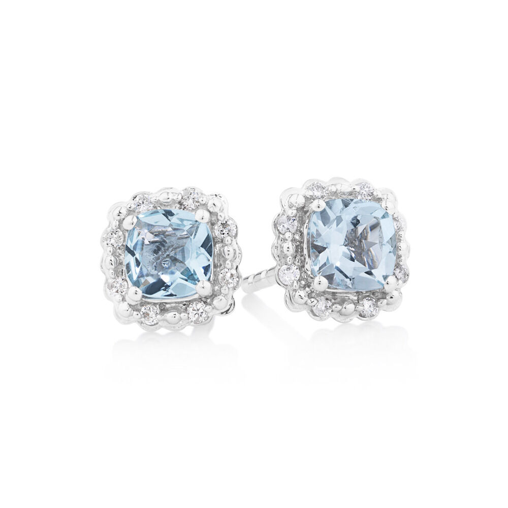 Earrings With Aquamarine & Diamonds In 10kt White Gold