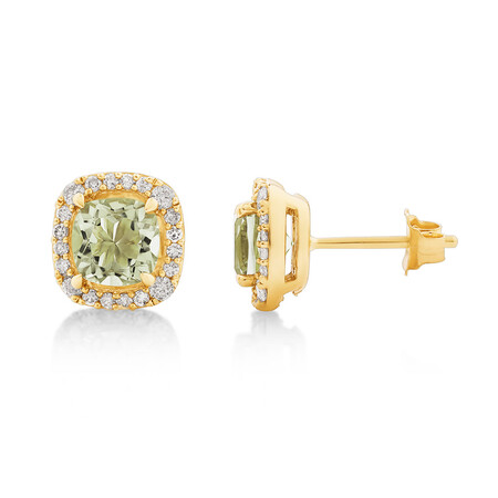 Halo Stud Earrings with Green Amethyst & 0.32 Carat TW of Diamonds in 10kt Yellow Gold Halo Stud Earrings with Green Amethyst & 0.32 Carat TW of Diamonds in 10kt Yellow Gold