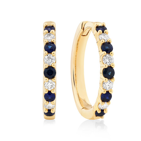 Huggie Earrings with Natural Sapphire & .20 Carat TW of Diamonds in 10kt Yellow Gold