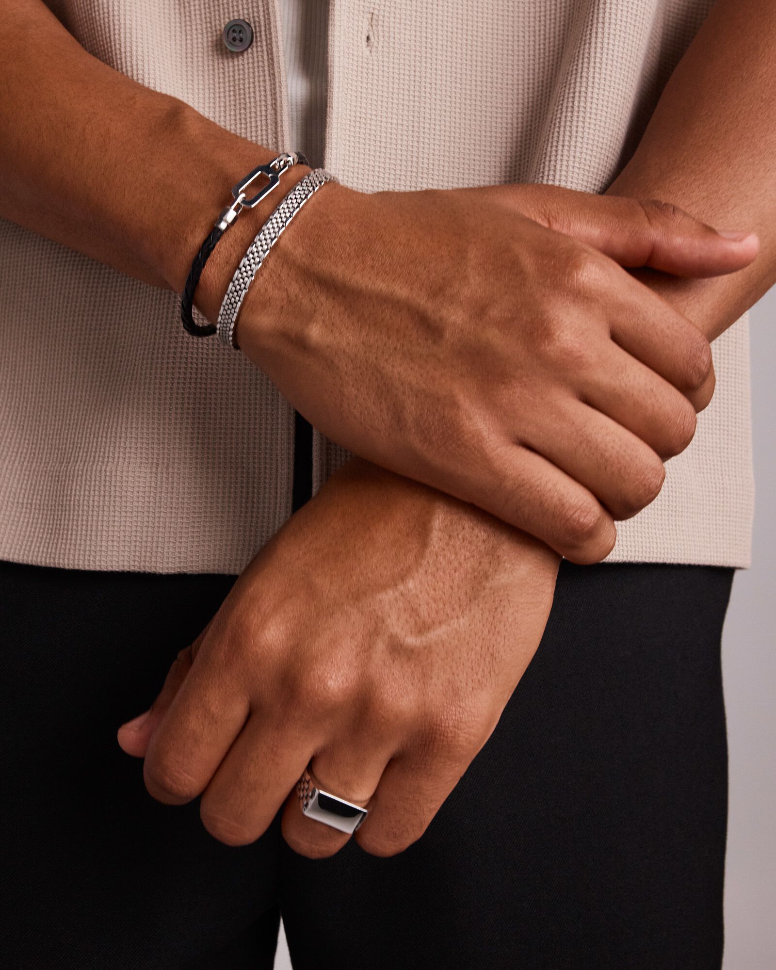 Men's Link Pattern Textured Signet Ring Sterling Silver