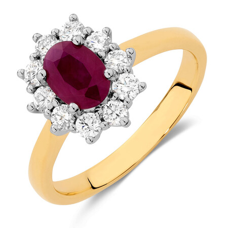 Ring with Ruby & 1/2 Carat TW of Diamonds in 18kt Yellow & White Gold