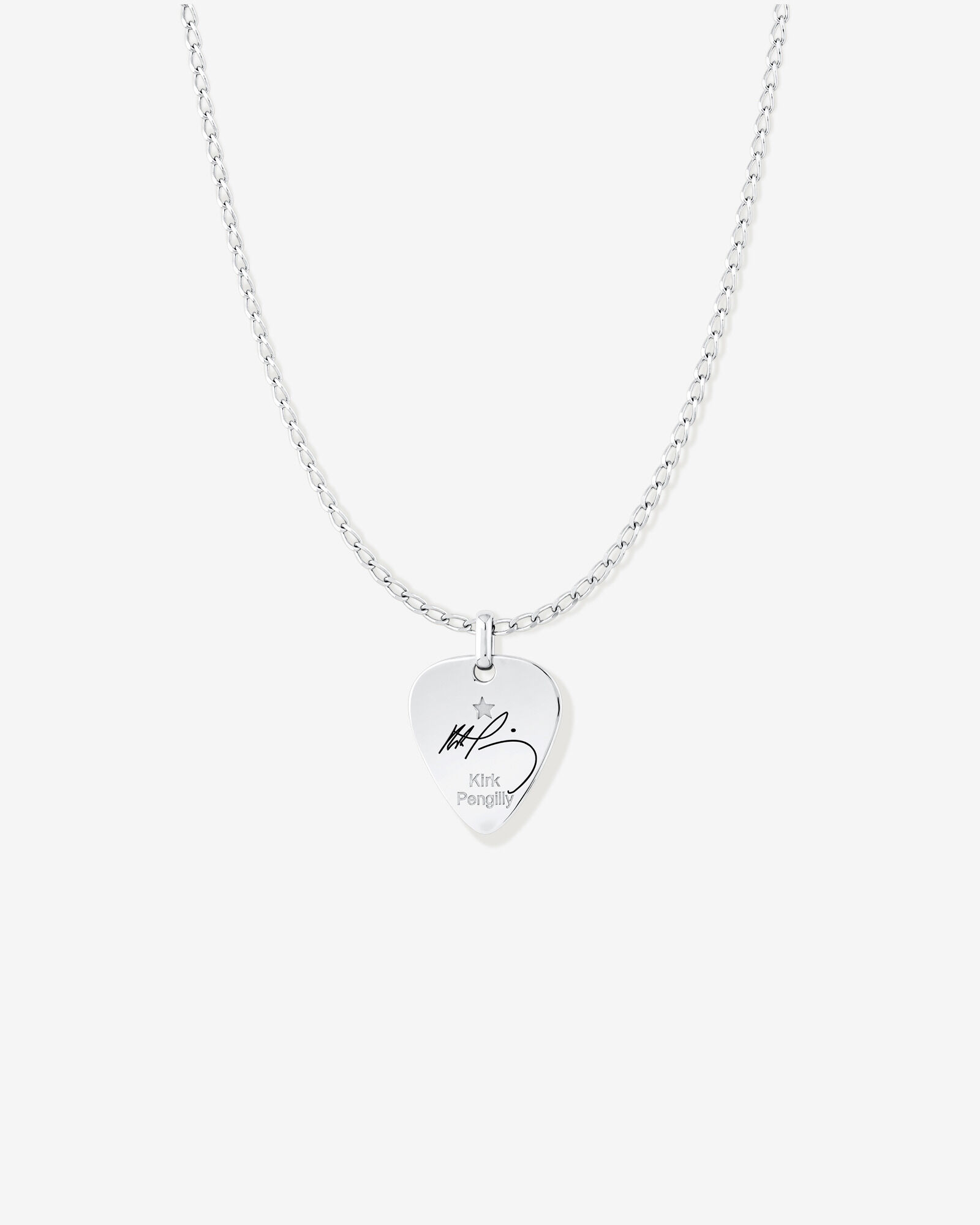 INXS Kirk Pengilly Engraved Guitar Pick Pendant with Chain in Recycled Sterling Silver