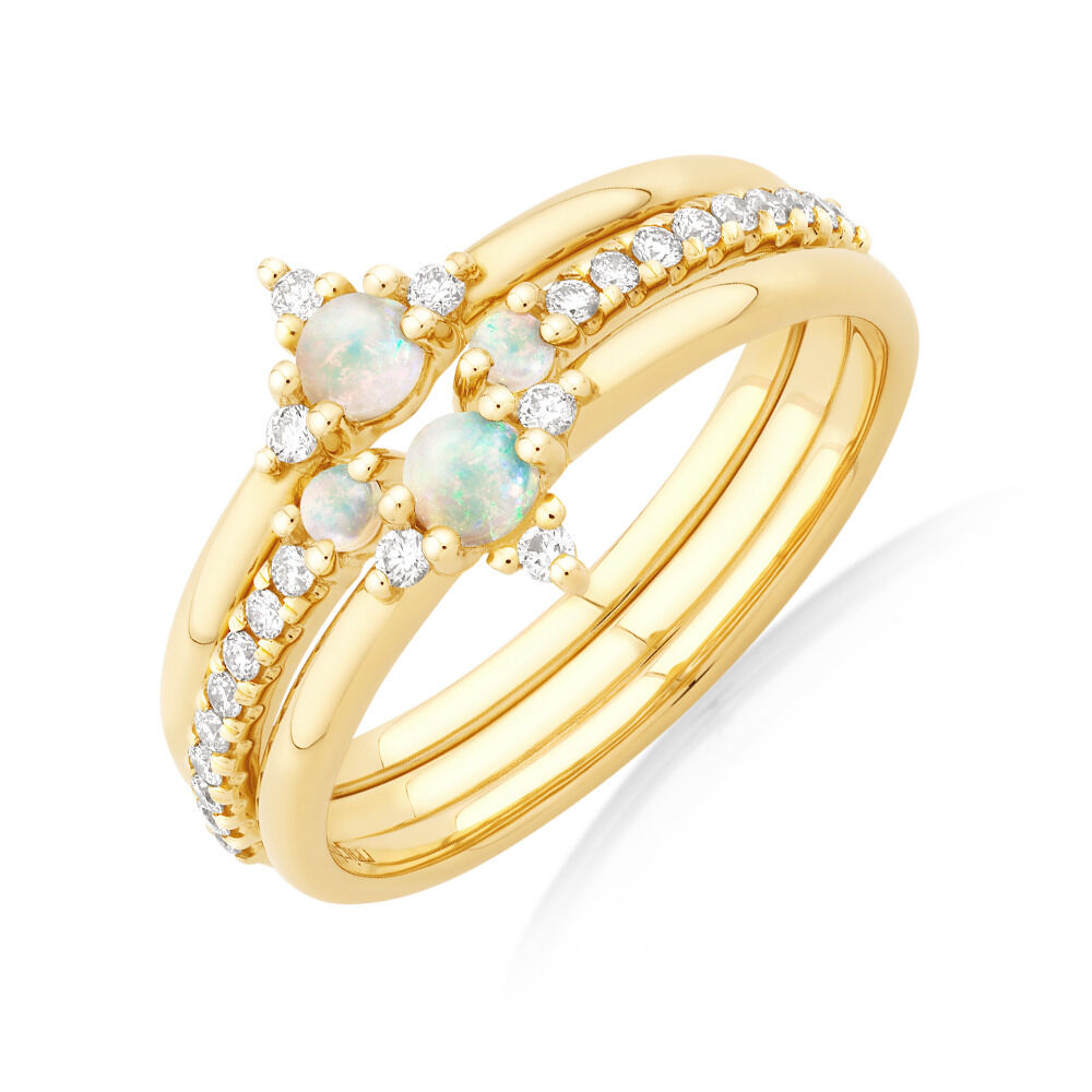 3 Ring Set with Opal 0.18 Carat TW of Diamonds in 10kt Yellow Gold