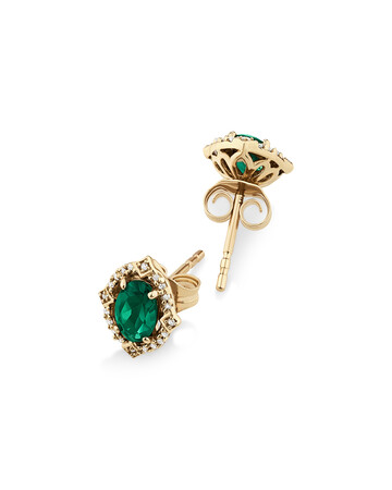 Halo Earrings with Laboratory Created Emerald & Natural Diamonds in 10kt Yellow Gold Halo Earrings with Laboratory Created Emerald & Natural Diamonds in 10kt Yellow Gold