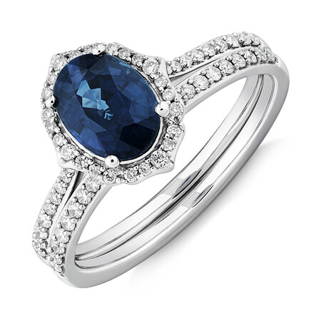 Sapphire & 0.30 Carat TW of Diamonds Bridal Set in 14kt White Gold