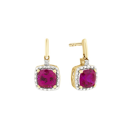 Stud Earrings with Created Ruby & Diamonds In 10kt Yellow & White Gold Stud Earrings with Created Ruby & Diamonds In 10kt Yellow & White Gold