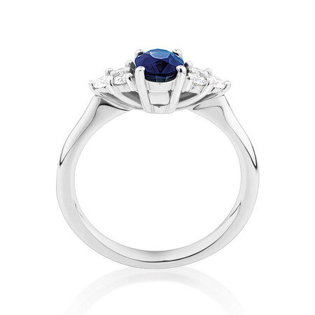 Ring With Blue Sapphire & Diamonds In 10kt White Gold Ring With Blue Sapphire & Diamonds In 10kt White Gold