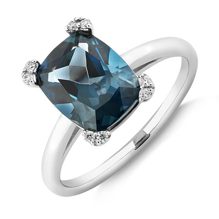 Ring with Natural Blue Topaz & Diamonds In 10kt White Gold
