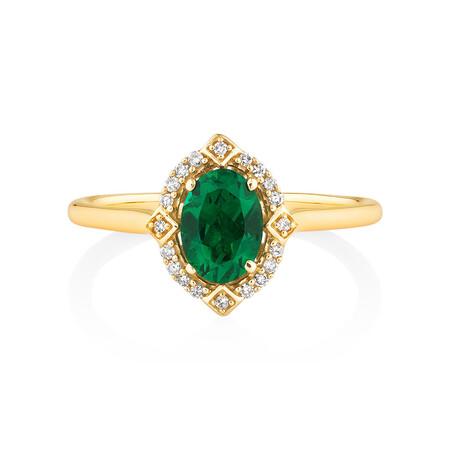 Halo Ring with Laboratory Created Emerald & Natural Diamonds in 10kt Yellow Gold Halo Ring with Laboratory Created Emerald & Natural Diamonds in 10kt Yellow Gold