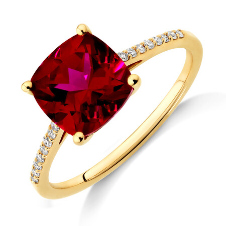 Ring with Cushion Cut Created Ruby & Diamonds in 10kt Yellow Gold