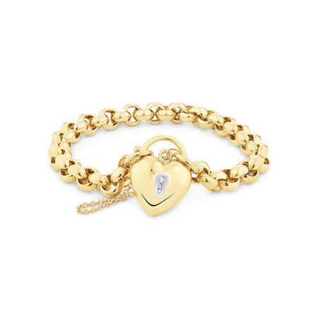 19cm (7.5") 7mm-7.5mm Width Diamond Set Heart Padlock Belcher Bracelet in 10kt Yellow Gold