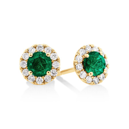 Halo Stud Earrings with Natural Emerald & 0.28 Carat TW of Diamonds in 10kt Yellow Gold Halo Stud Earrings with Natural Emerald & 0.28 Carat TW of Diamonds in 10kt Yellow Gold