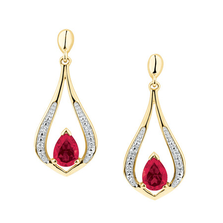 Drop Earrings with Laboratory Created Ruby & Natural Diamonds in 10kt Yellow Gold Drop Earrings with Laboratory Created Ruby & Natural Diamonds in 10kt Yellow Gold