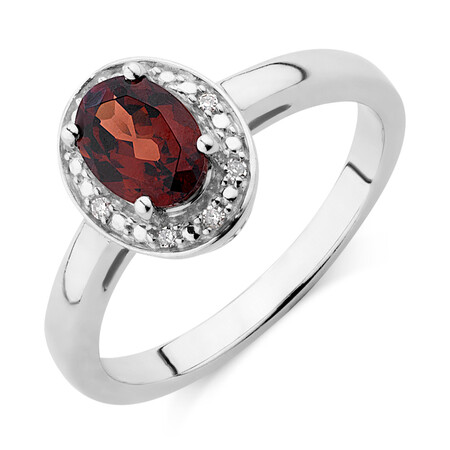 Halo Ring with Garnet & Diamonds in Sterling Silver